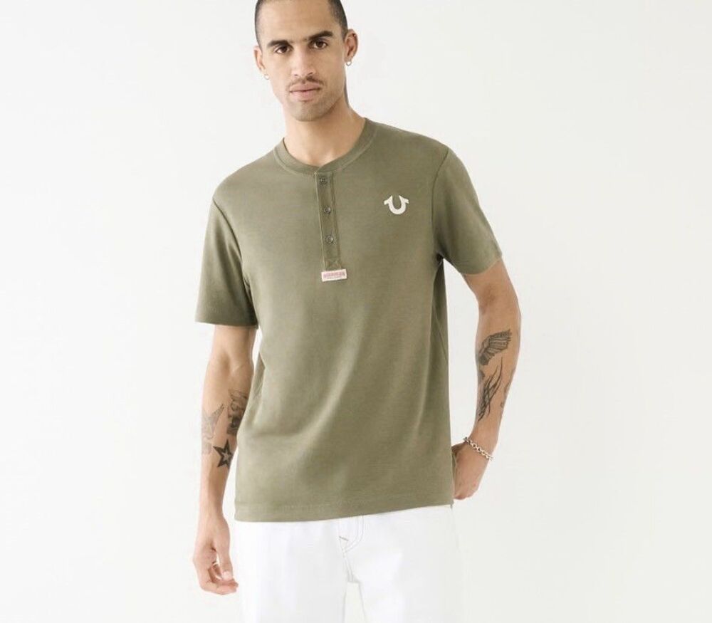 True Religion Mens Shirt  Medium Green Interlock Henley Short Sleeve Cotton